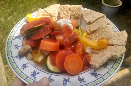 Roasted veg with pitta bread and goats cheese