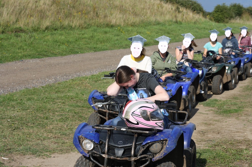 Zoe's hen do out on the quad bikes with masks on