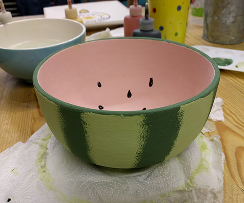 Painted watermelon pottery bowl