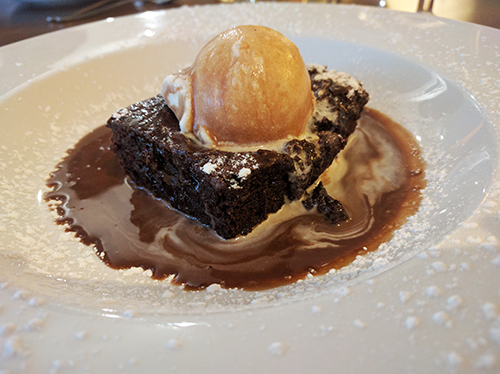 Chocolate brownie dessert at Fox Inn Thorpe Waterville