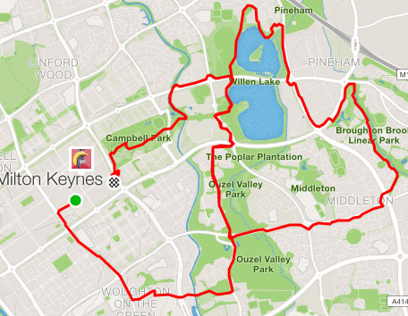 Strava map of MK Running Festival half marathon