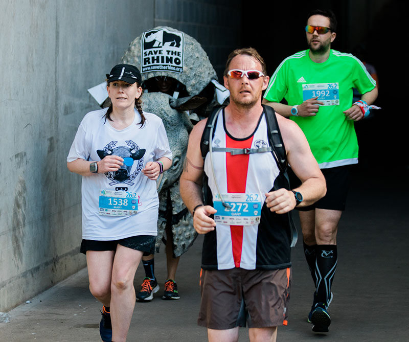 MK Marathon finish in the stadium with a giant rhino costume
